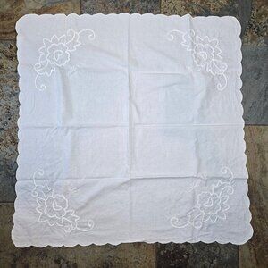White 100% Cotton 34" Square Tablecloth Embroidery and Tape Work Scalloped Edge